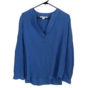 Diane Von Furstenberg Long Sleeve Gauze Shirt 2 V-Neck Blue Top